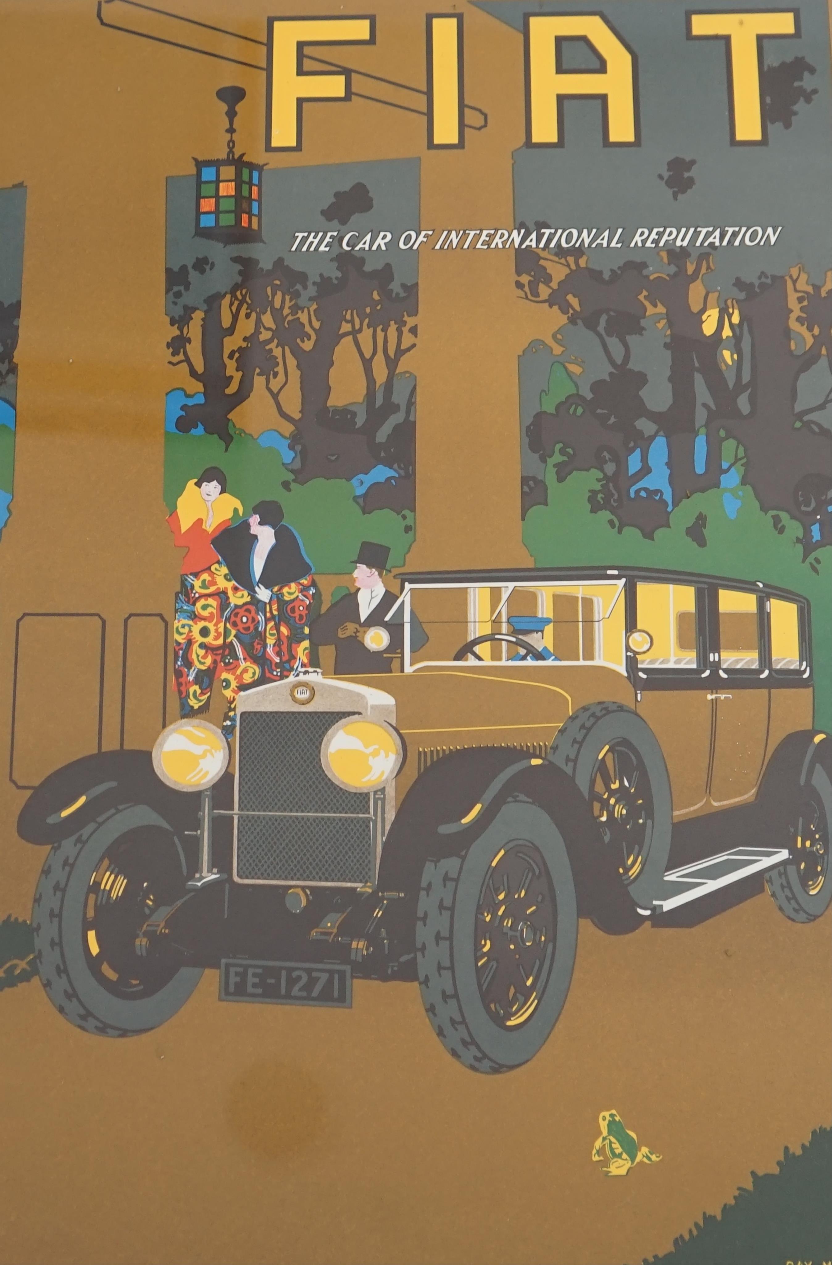 After Ray Mount, a modern colour reprint of a Fiat - The Car of International Reputation poster, 63x 42cm. Condition - good, frame rather dented
